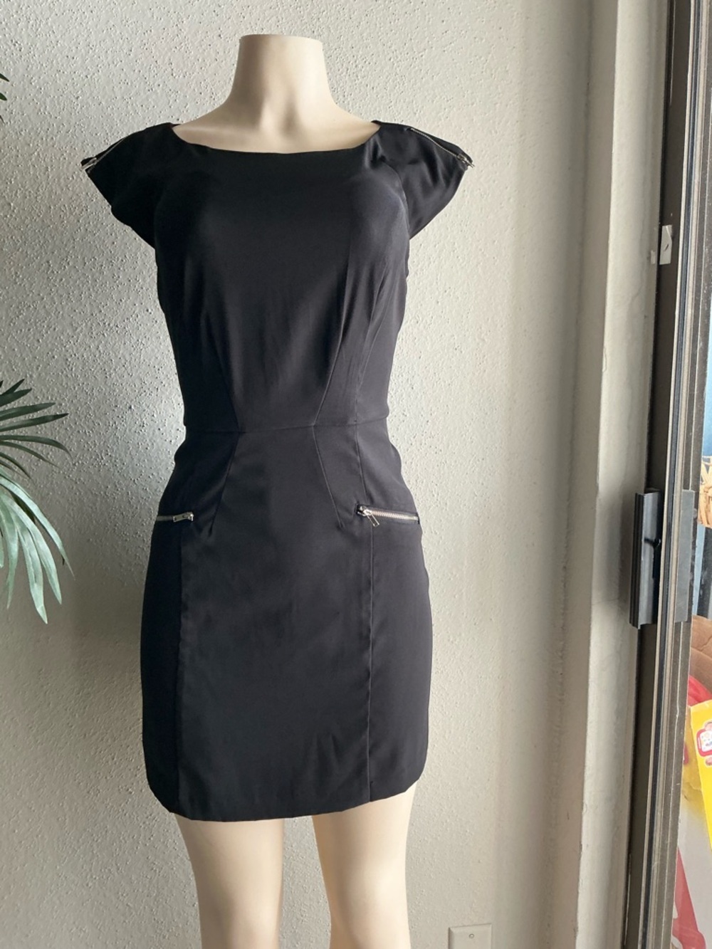 Black Cap-Sleeve Mini Dress with Zip Pocket Detail